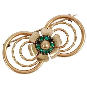 Vintage 40s Signed LS Co 12K Gold Filled Green Rhinestone Bow Brooch READ